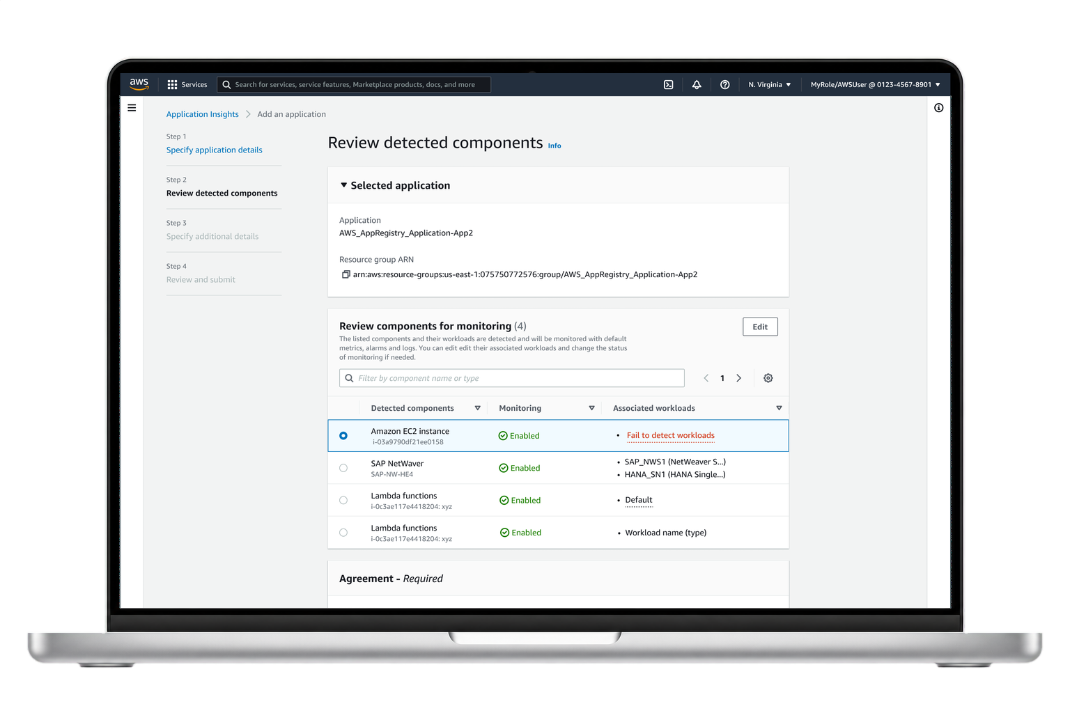 AWS CloudWatch Application Insights review detected components screen on an iPad