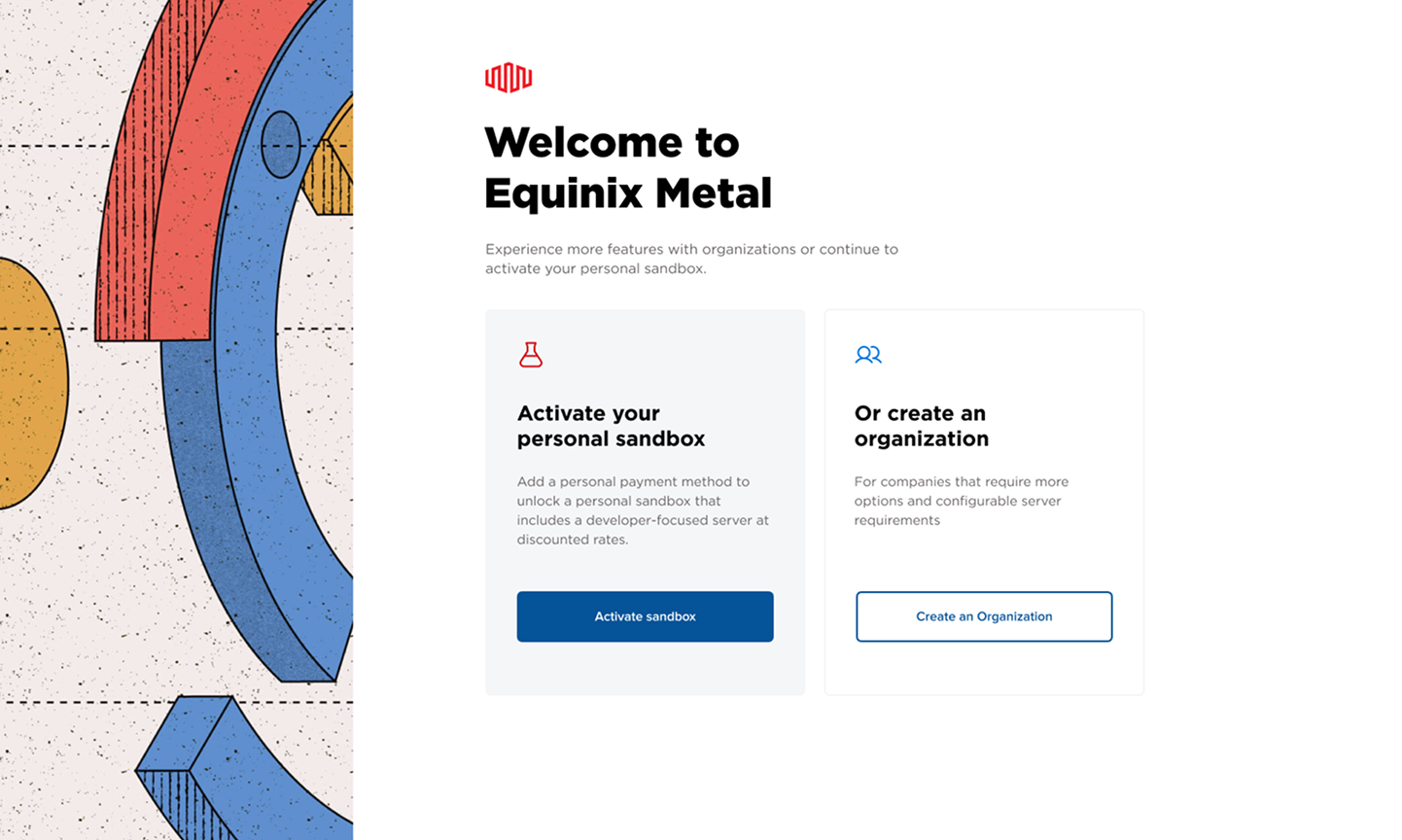 Equinix Metal sandbox onboarding choice